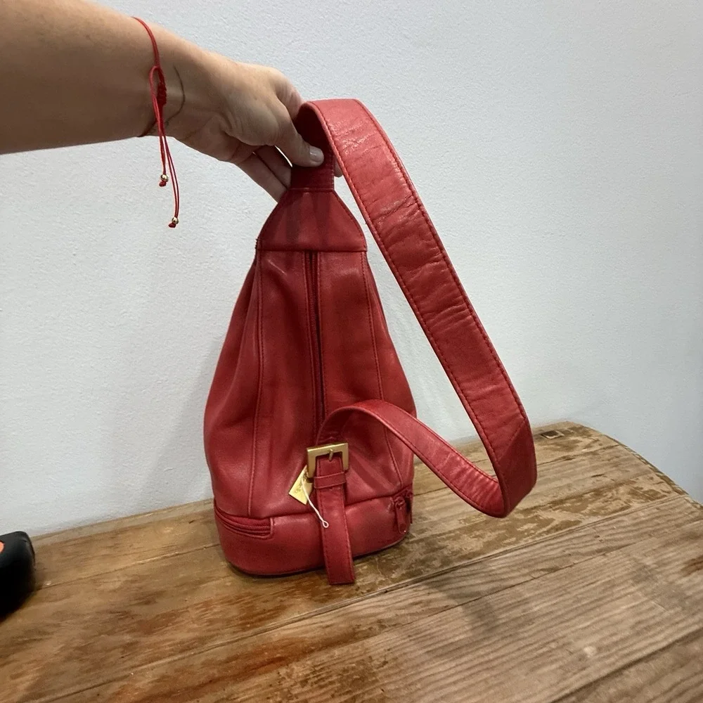 Tignanello Red Leather Sling Backpack Gold Hardware Teardrop Crossbody Bag